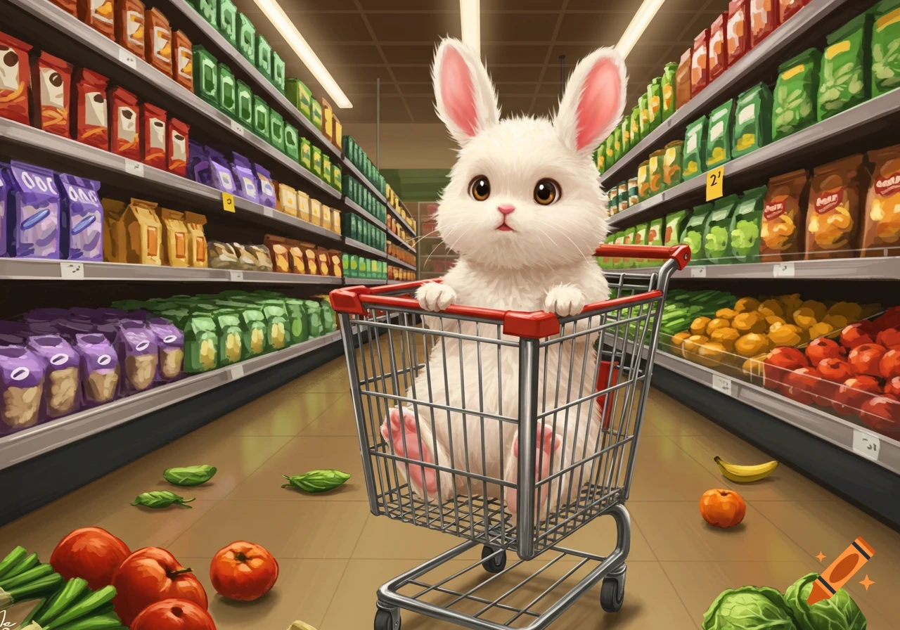 A cute white bunny sits in a metal shopping cart in a grocery store aisle, surrounded by colorful products in a cartoon style.