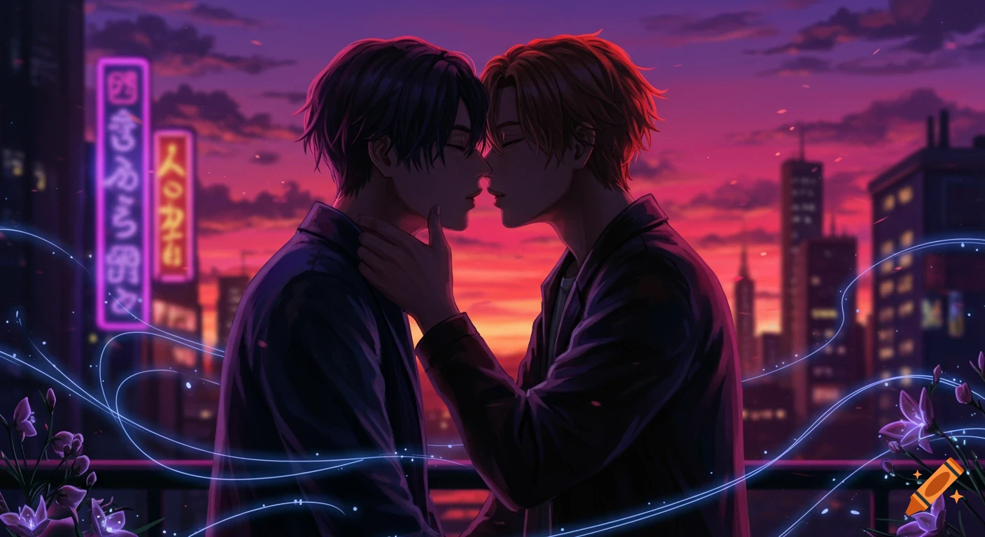 Two anime-style men are about to kiss at sunset on a city rooftop, with glowing blue light trails and neon signs in the background.