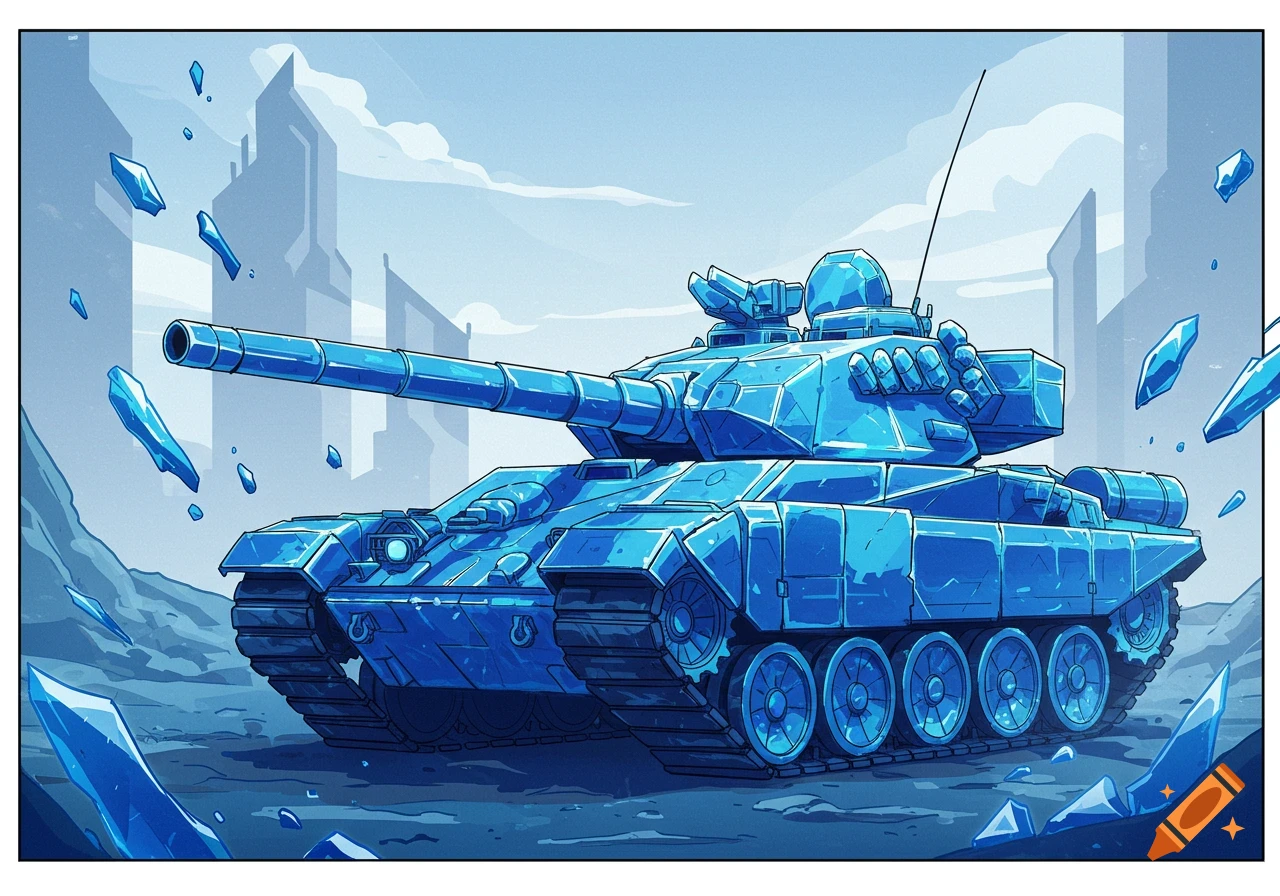 A cell-shaded blue crystal tank sits in an icy, futuristic landscape with floating crystal shards and stylized buildings.