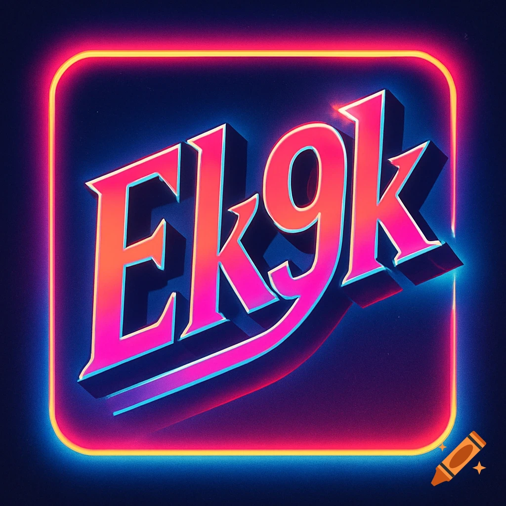 A vibrant 80s style neon logo featuring the 3D text 'Ek9k' in pink and orange gradients with a glowing border.