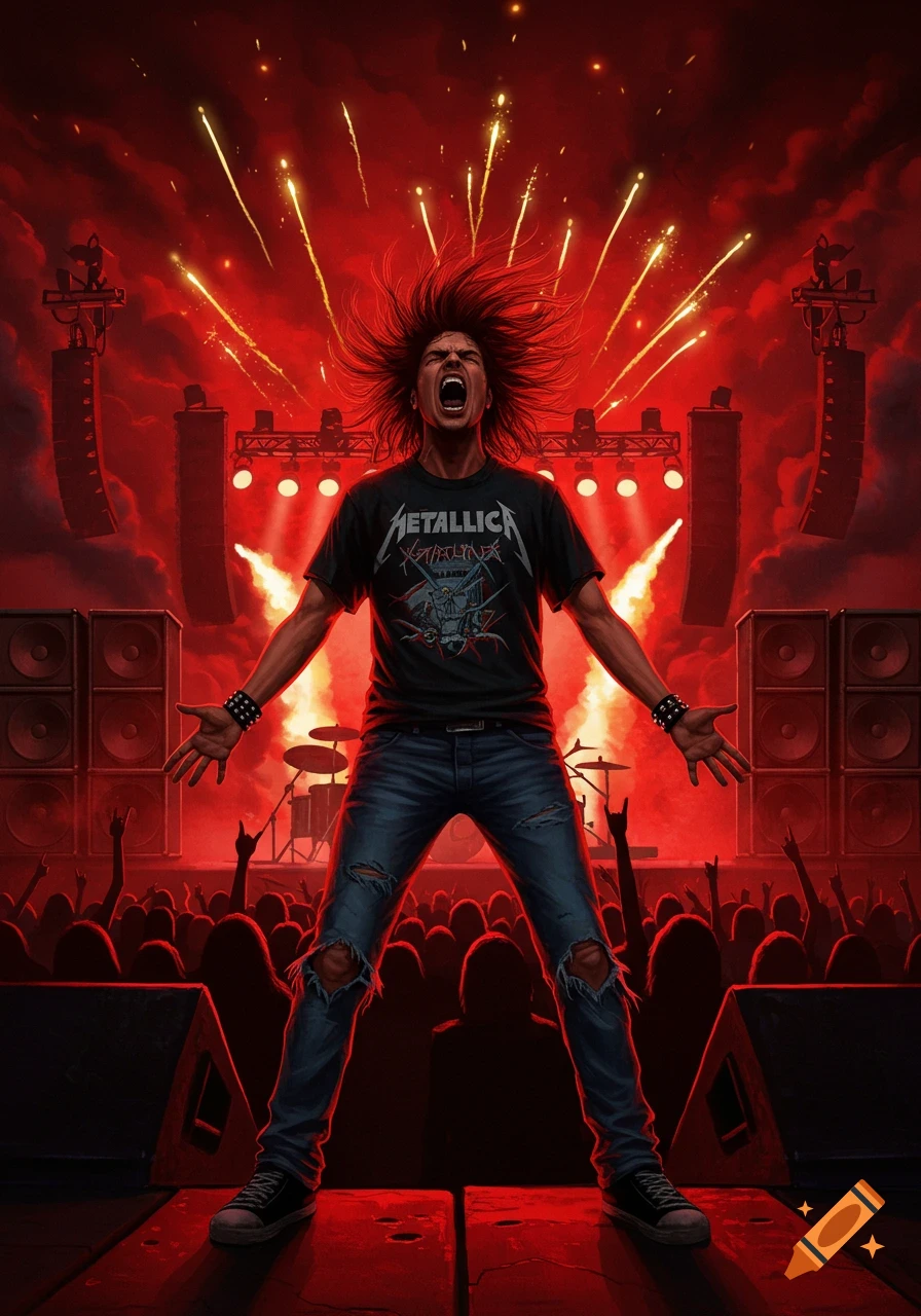 A rock fan on stage, screaming at a concert with wild hair, wearing a Metallica shirt, surrounded by a crowd and pyrotechnics.