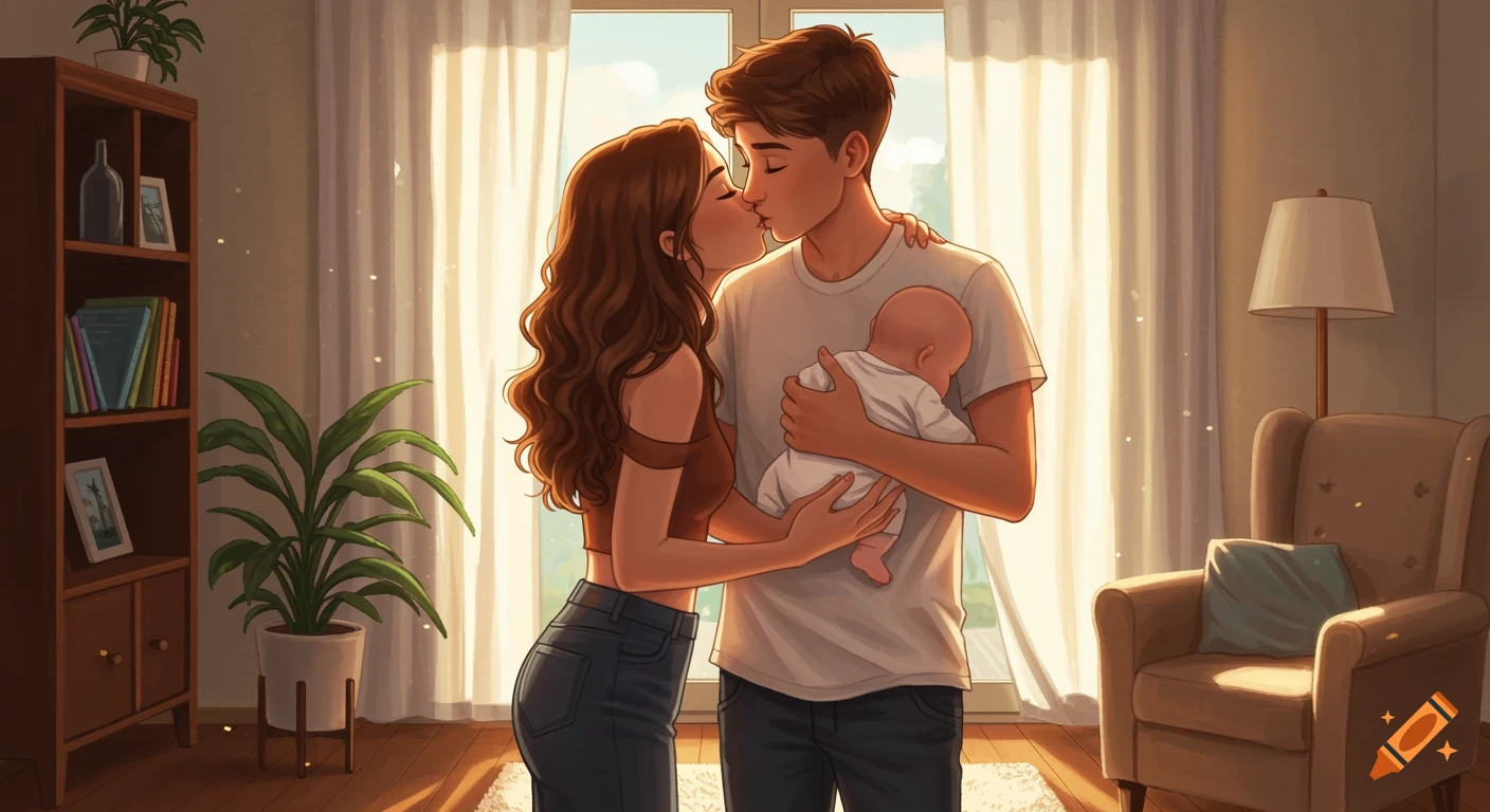 A cute couple kissing while the man holds their baby in a brightly lit home, depicted in a warm illustration style.