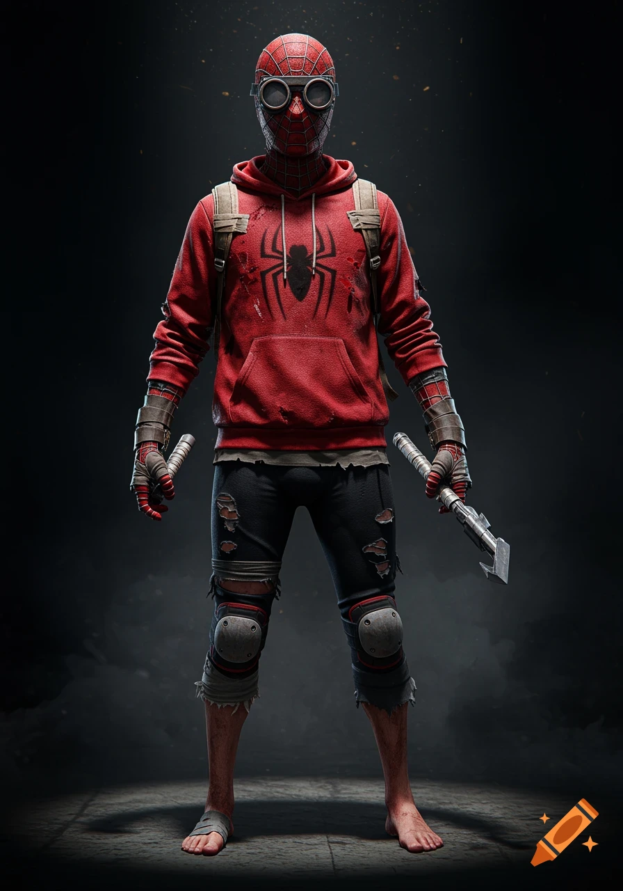 A full-body digital concept art of Spider-Man's homemade vigilante suit, featuring a red hoodie, torn black pants, goggles, and bare feet, standing under a spotlight.