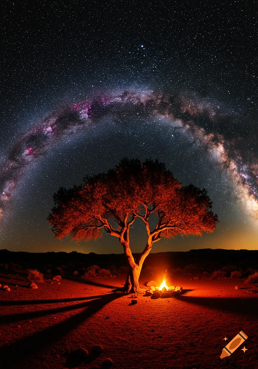 A solitary tree bathed in the orange glow of a campfire, stands under a vibrant arch of the Milky Way in a dark desert night.