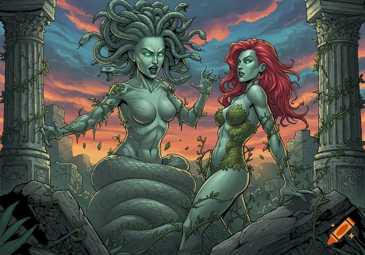 Comic art illustration of Medusa and Poison Ivy with stone-like skin, confronting each other in ancient ruins at sunset.