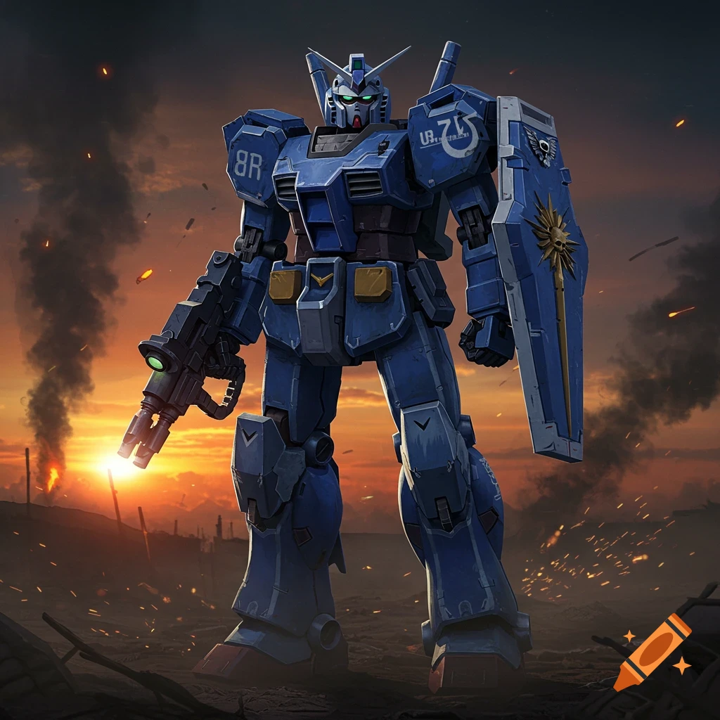 A blue Gundam-style robot stands in a desolate, smoky landscape with a sunset sky, holding a rifle and a shield.