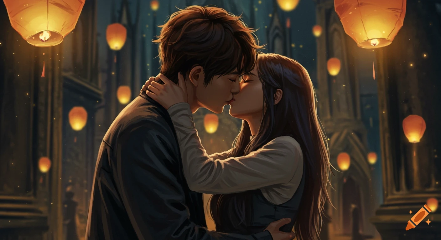 A young couple kissing intimately under glowing lanterns in a romantic digital illustration.