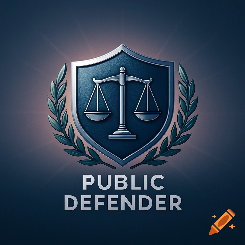 A silver shield emblem with scales of justice, a laurel wreath, and the text 'PUBLIC DEFENDER' on a dark background.