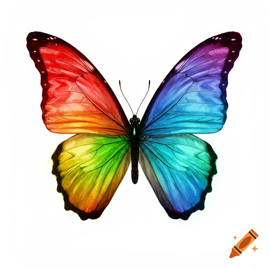 A vibrant rainbow-colored butterfly with wings transitioning through red, orange, yellow, green, blue, and purple, on a white background.