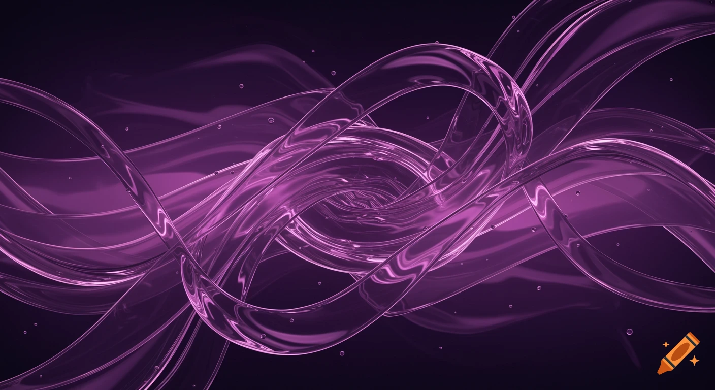 Abstract purple flowing translucent ribbons with small bubbles against a dark background.