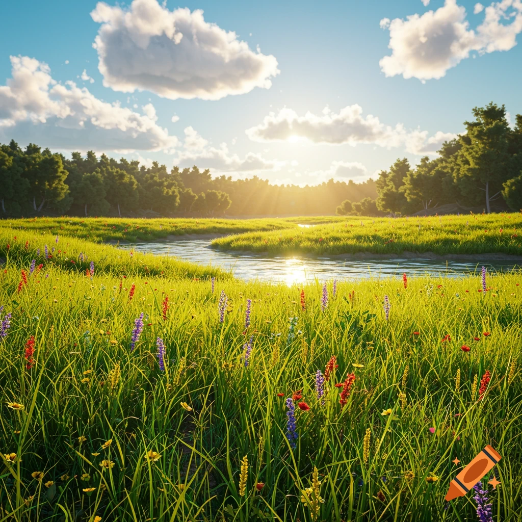 A vibrant green meadow with a winding river and colorful wildflowers under a bright sunny sky with fluffy clouds.