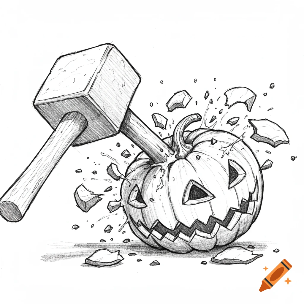 A black and white sketch depicts a large square hammer striking a jack-o'-lantern, causing pieces of the pumpkin to fly outwards.