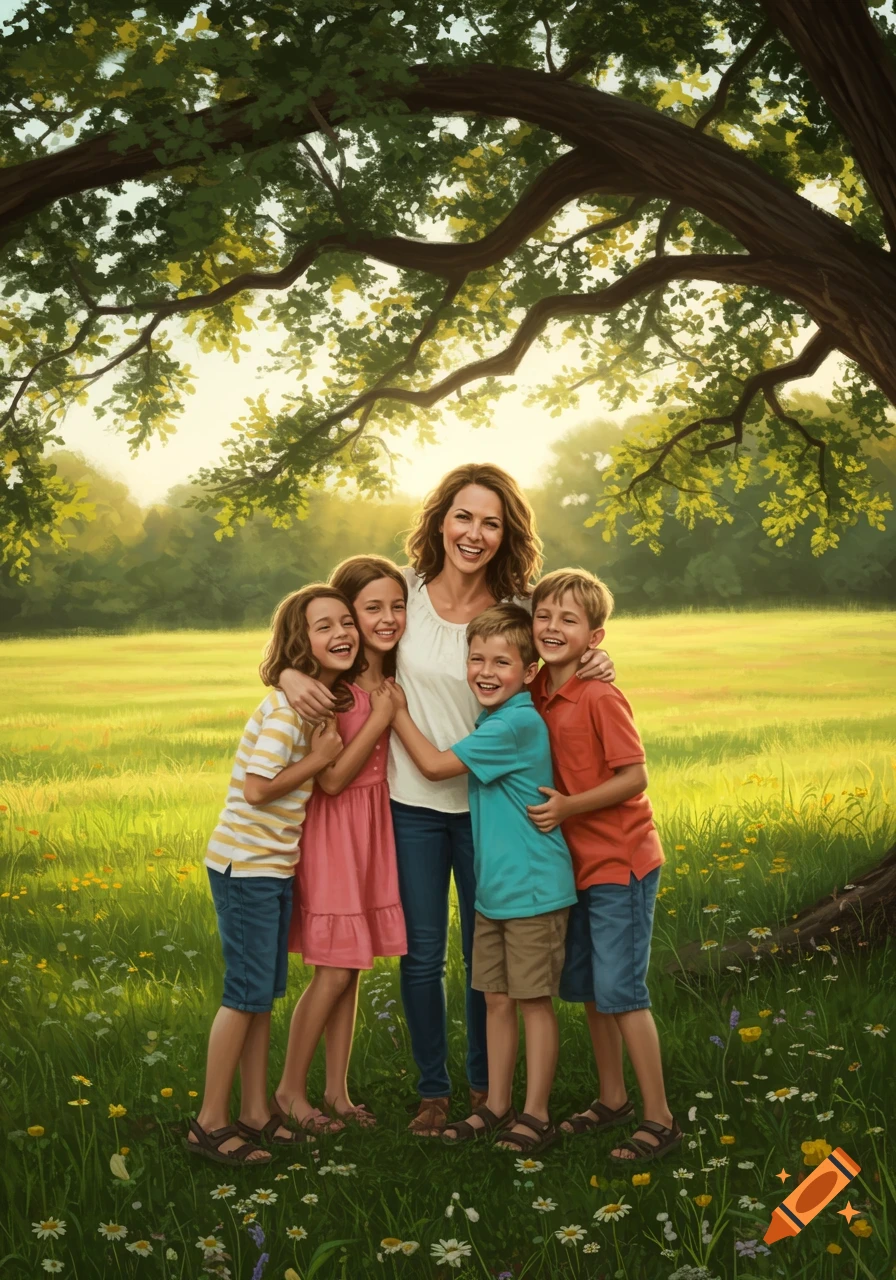 A mother embraces four happy children outdoors under a large tree, with a sunny field in the background.