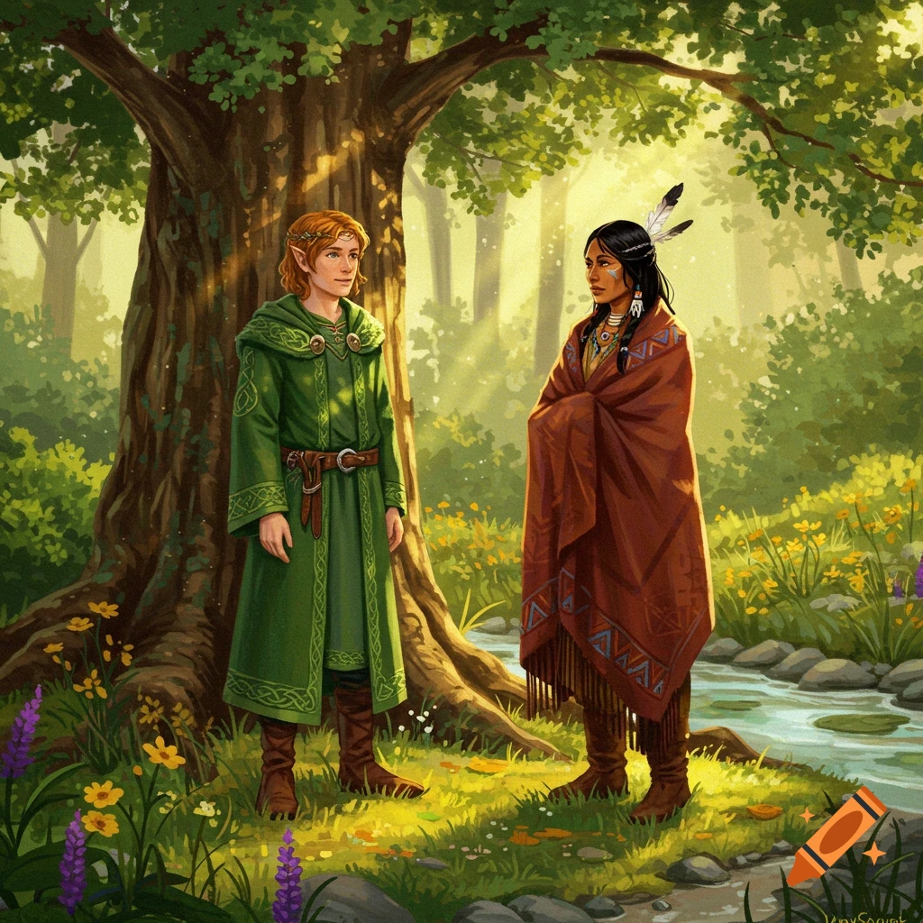 An illustration depicts a young Celtic druid in green robes and an Indigenous woman wrapped in a patterned blanket, standing in a sunlit forest.