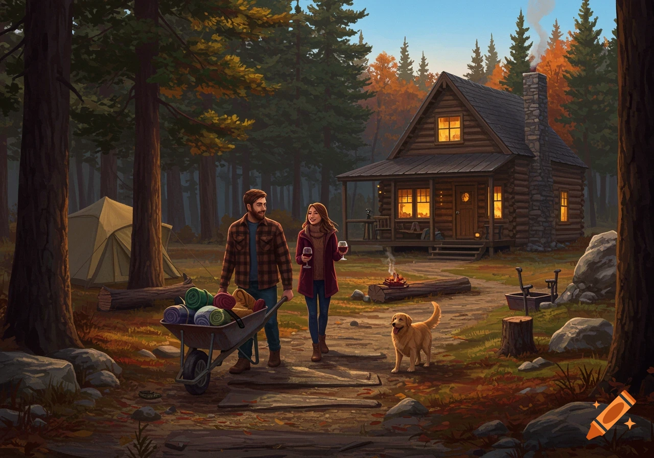 A man and woman with a wheelbarrow and a golden retriever walk towards a cozy log cabin in an autumn forest.