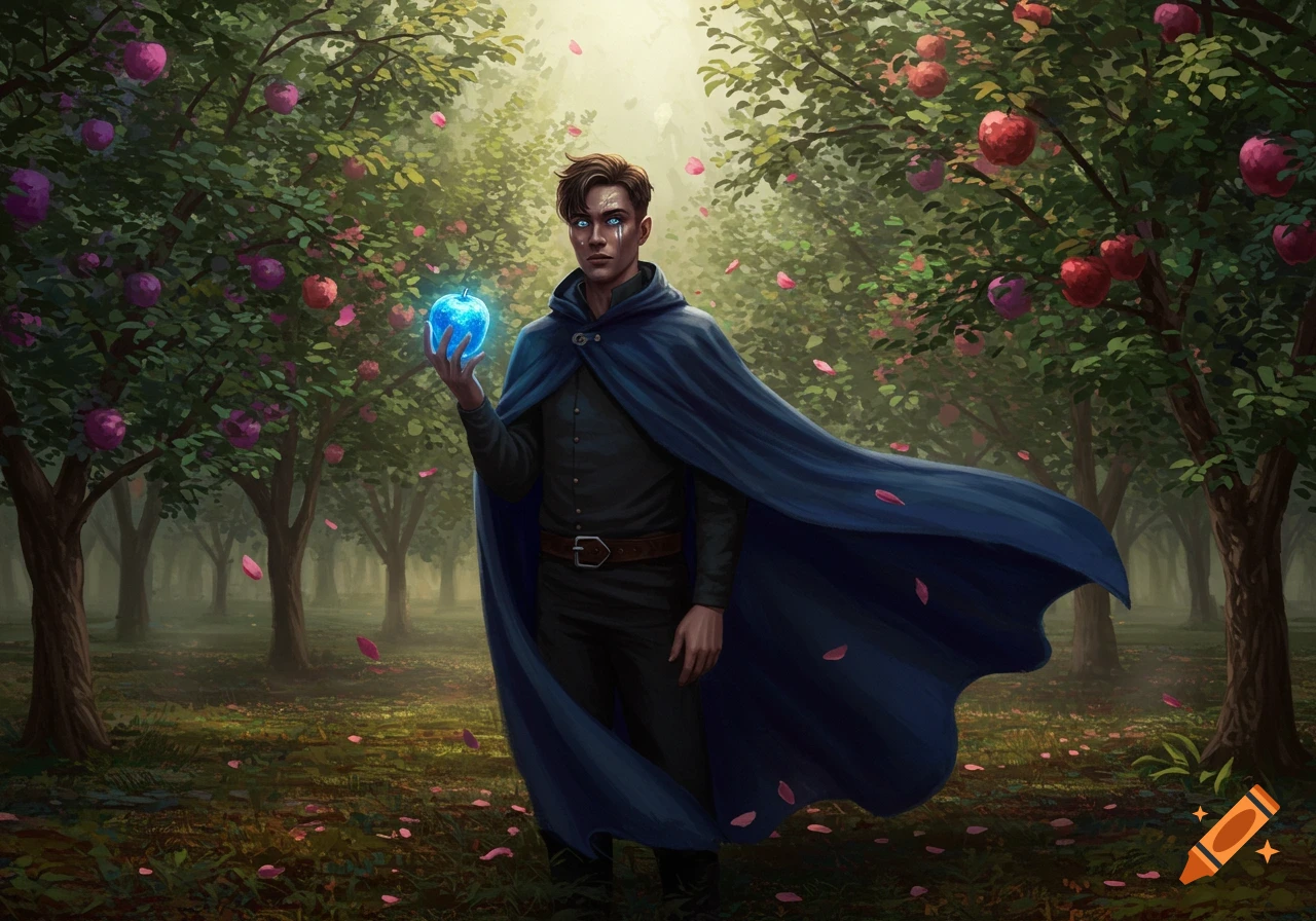 A man in a dark blue cloak holds a glowing blue apple in a lush, magical forest with red and purple apples on trees and falling petals.