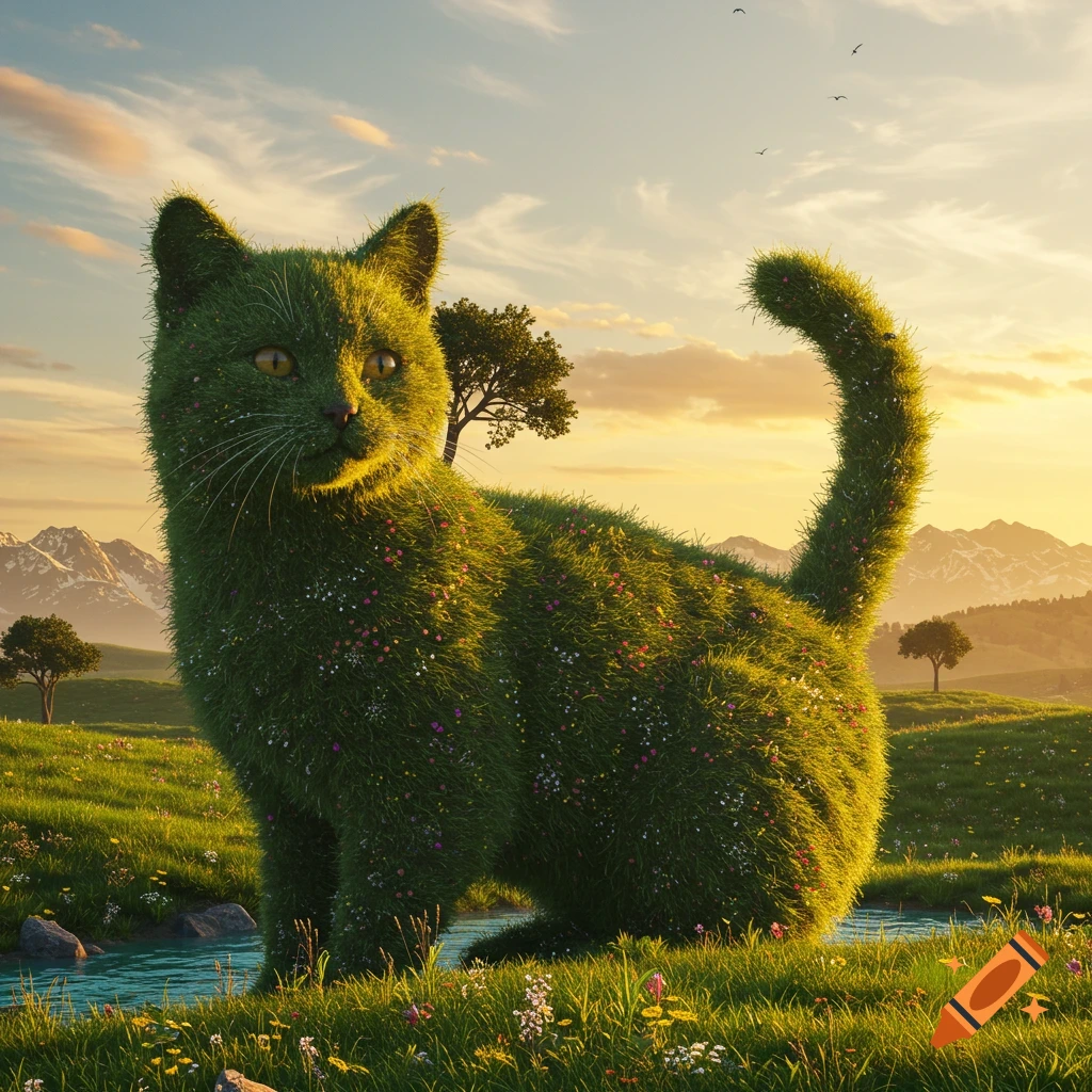 A colossal, green grass cat sculpture covered in wildflowers stands by a stream in a sunlit valley with mountains.