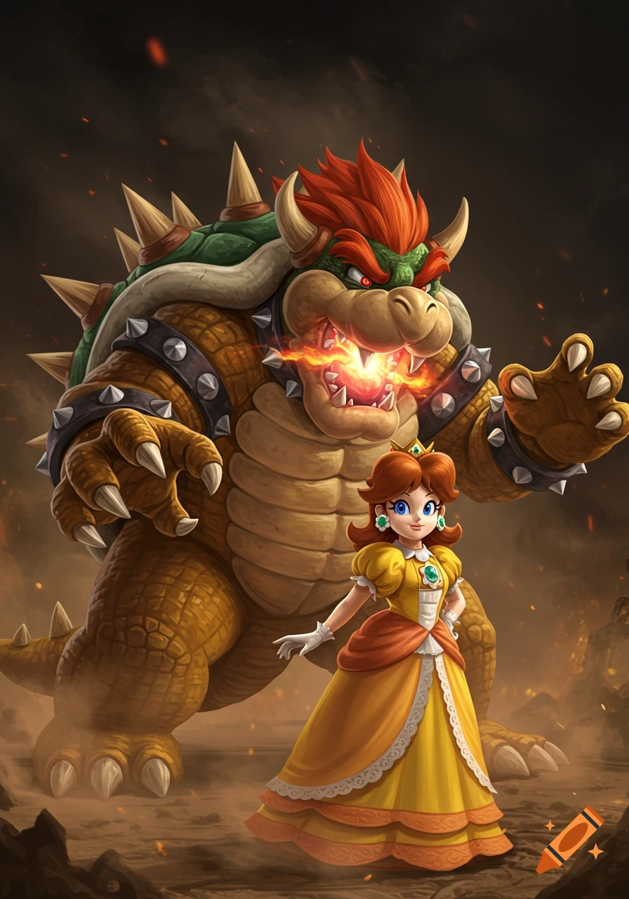 Bowser roars and breathes fire while Princess Daisy stands calmly in the foreground.
