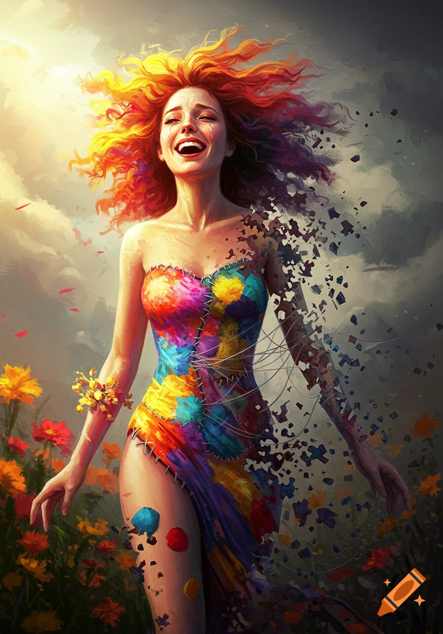 A woman with vibrant orange-yellow hair and a colorful patchwork dress smiles, her right side dissolving into pieces, her left side sewn together, standing in a flower field.