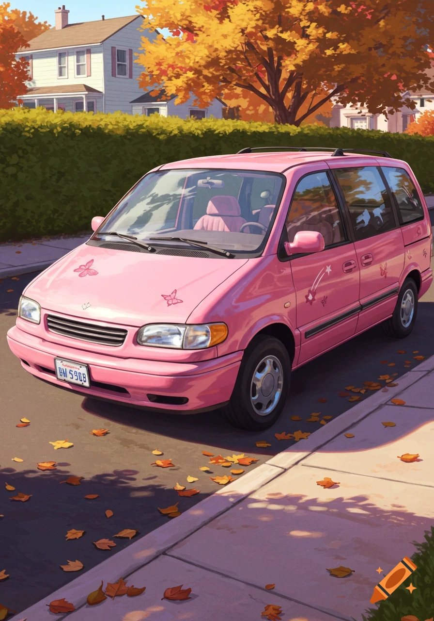 A pink minivan parked on a residential street with autumn leaves on the ground, in a vibrant, illustrative style.