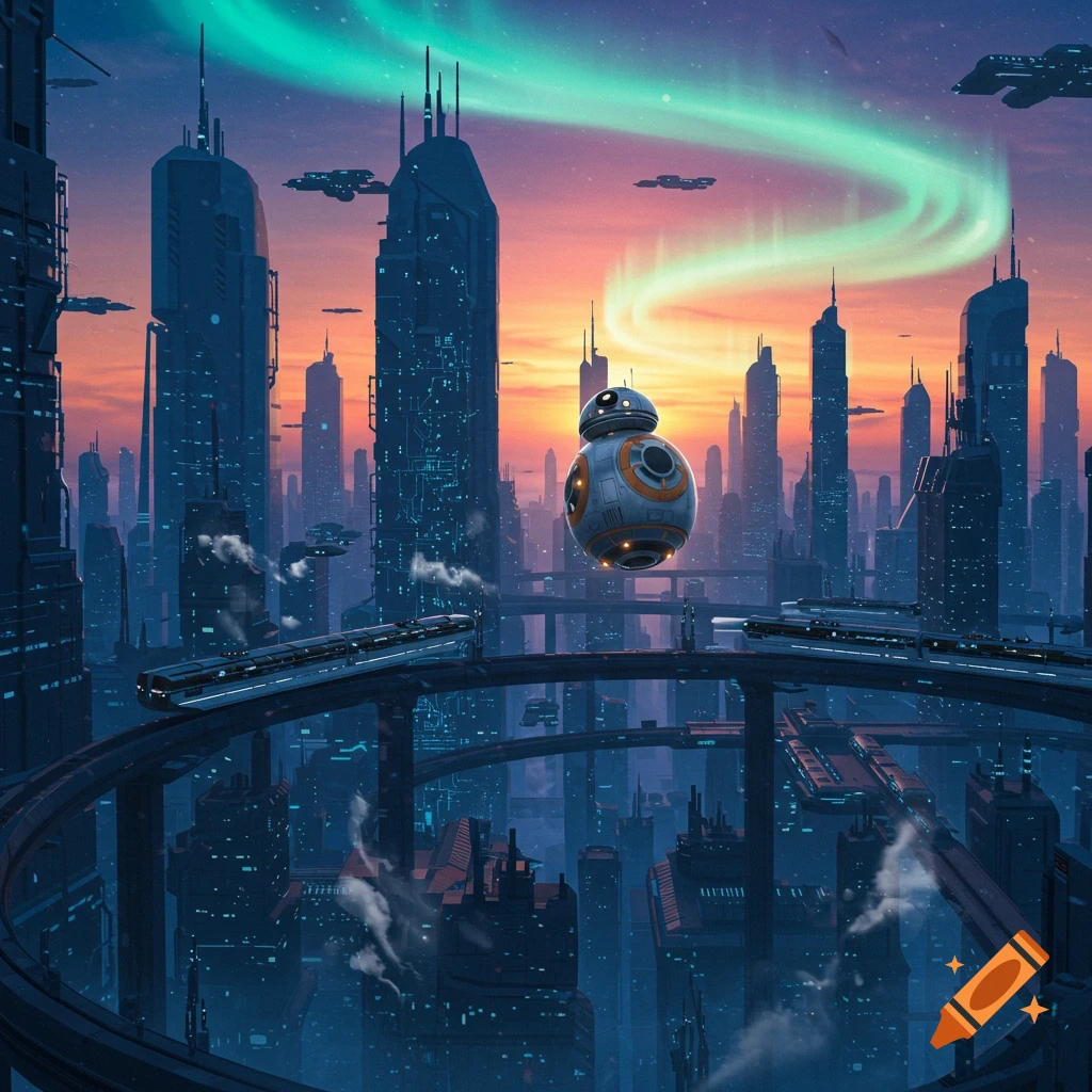 A floating BB-8 droid hovers over a futuristic cityscape with tall buildings, elevated trains, and an aurora-lit sunset sky.