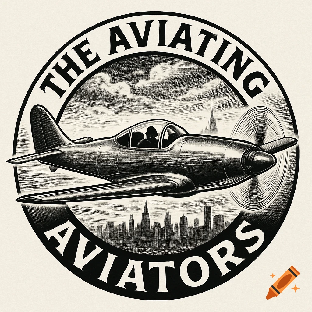Black and white circular logo featuring a propeller plane flying over a city skyline. Text reads 'THE AVIATING AVIATORS'.
