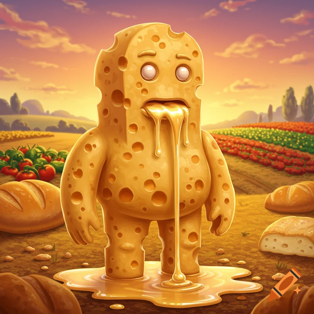 A cartoonish cheese creature with large holes for eyes and melting cheese drooling from its mouth stands in a field of bread and crops at sunset.