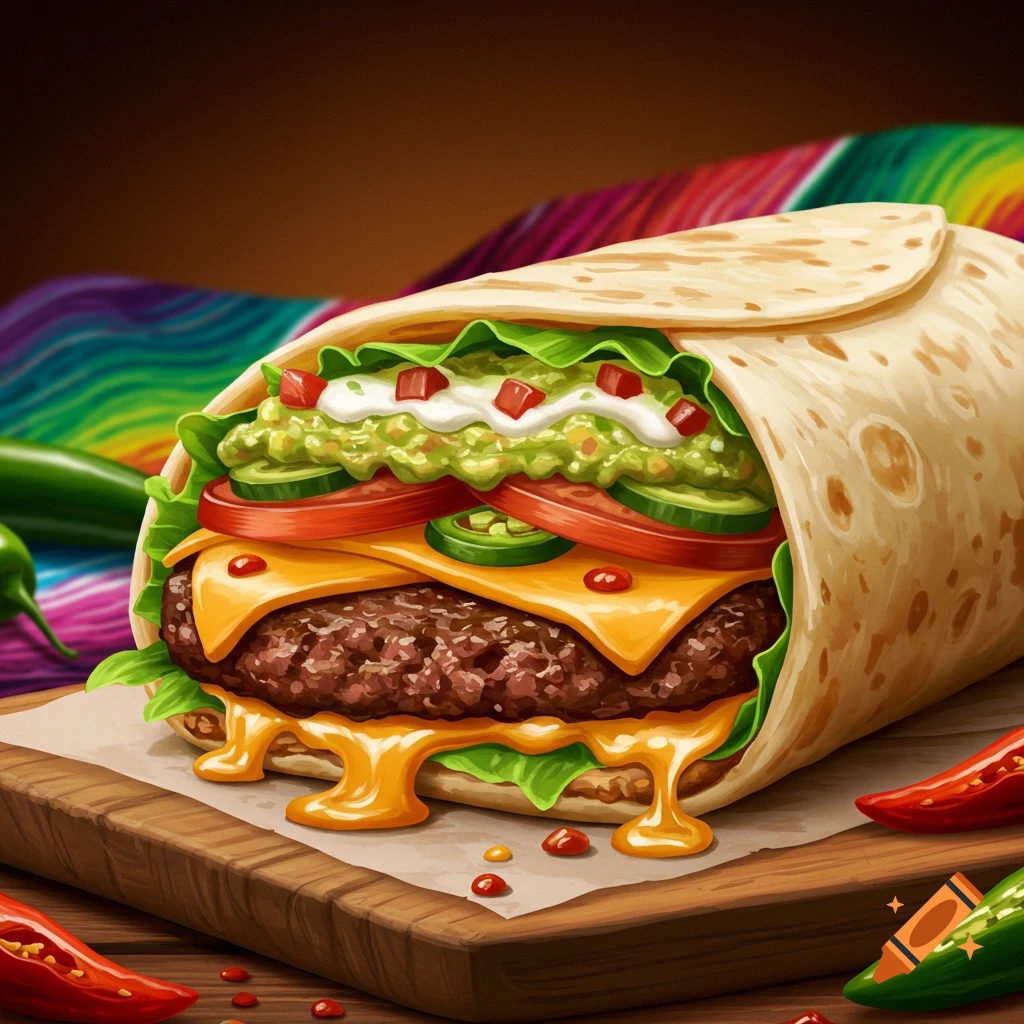 A close-up of a large burrito-burger hybrid with melted cheese, guacamole, and vegetables on a wooden board.