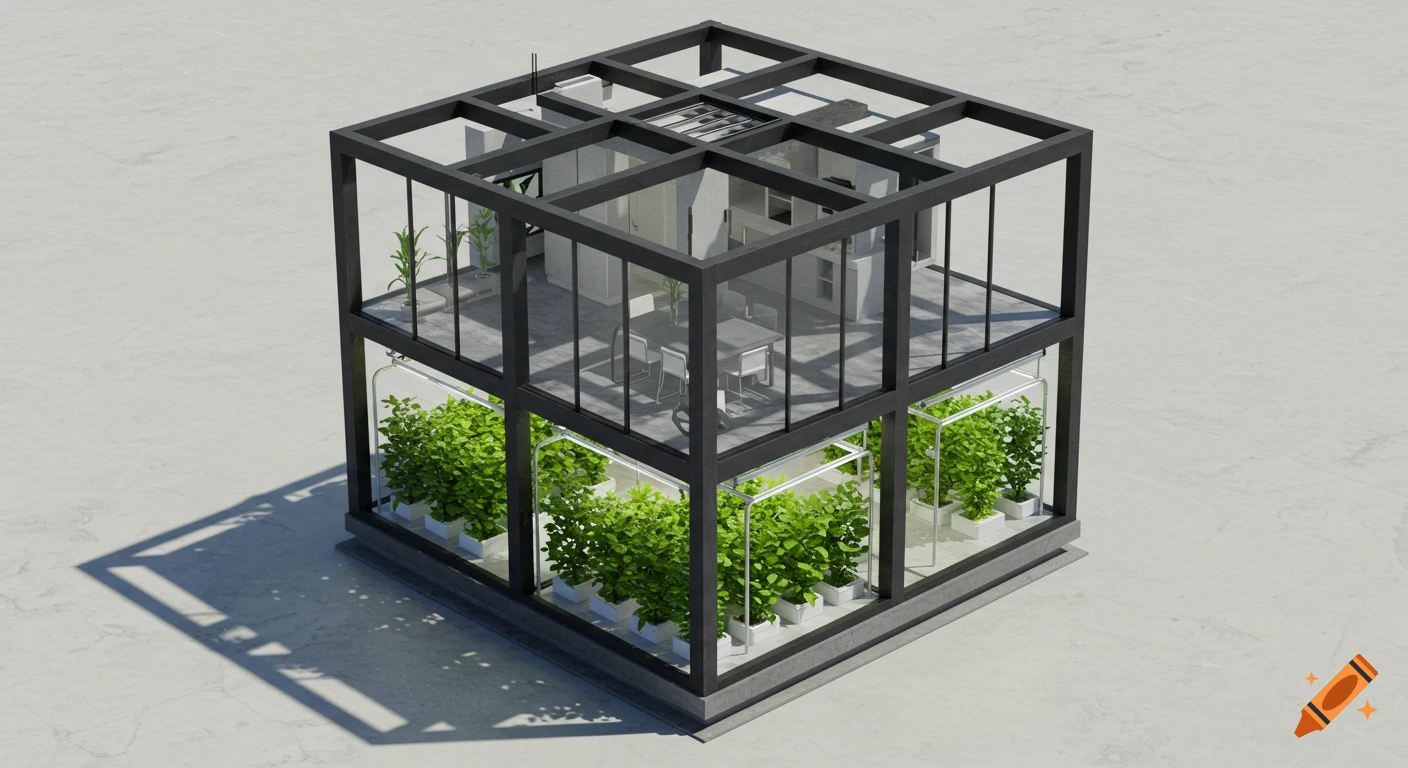An isometric architectural visualization of a modern, two-story steel-frame cube house with a greenhouse on the bottom floor and a minimalist living space on the top.