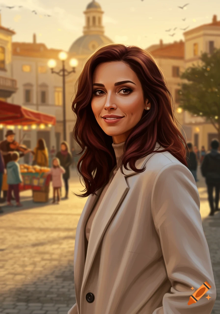 A smiling woman with long brown hair in a light coat stands in a sunny, bustling marketplace, digitally illustrated.