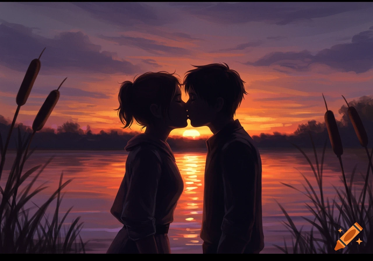 Silhouette of a couple kissing at sunset by a lake with cattails, in an illustrative style.