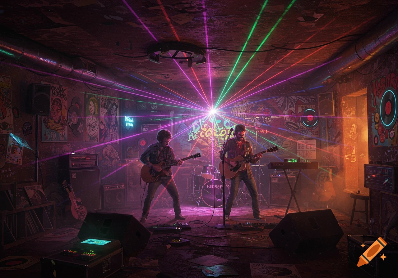 Two musicians playing guitars on a stage with a vibrant laser light show in a dimly lit, graffiti-covered basement.