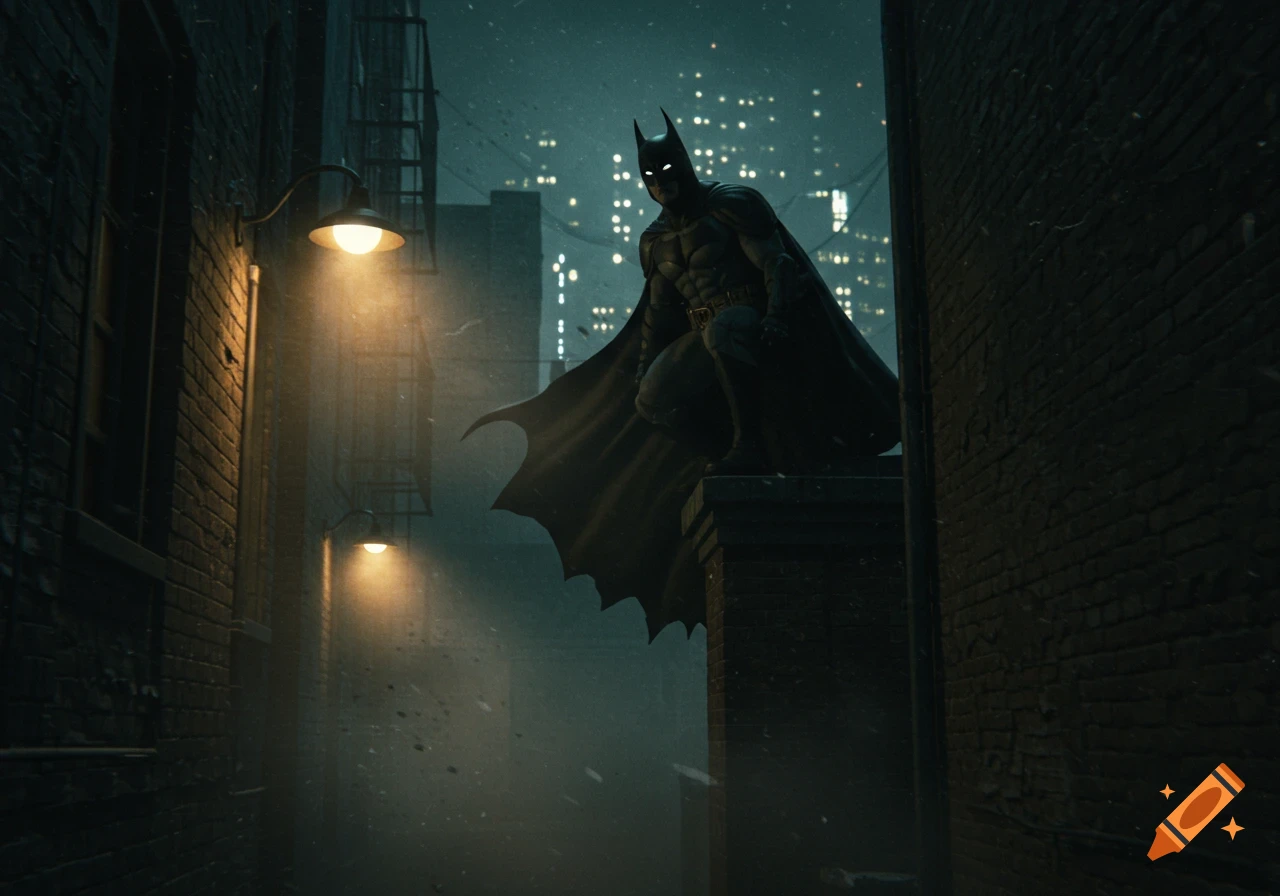 Batman perched on a dark rooftop in a rainy alley at night, with city lights in the background.