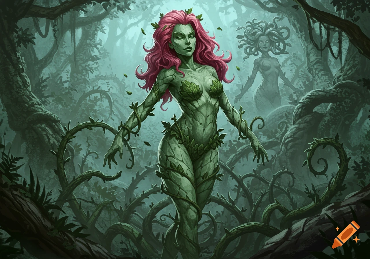 A green-skinned woman with long pink hair and a body covered in vines and leaves stands in a misty, dark forest, with a shadowy figure of Medusa behind her.