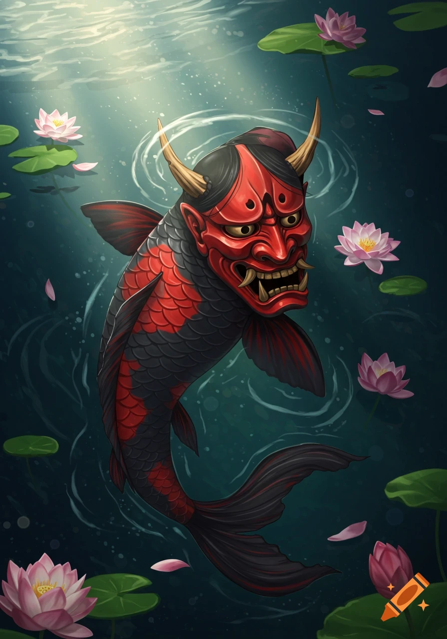 A black and red koi fish with a Japanese oni mask face swims in dark water surrounded by pink lotus flowers and lily pads.