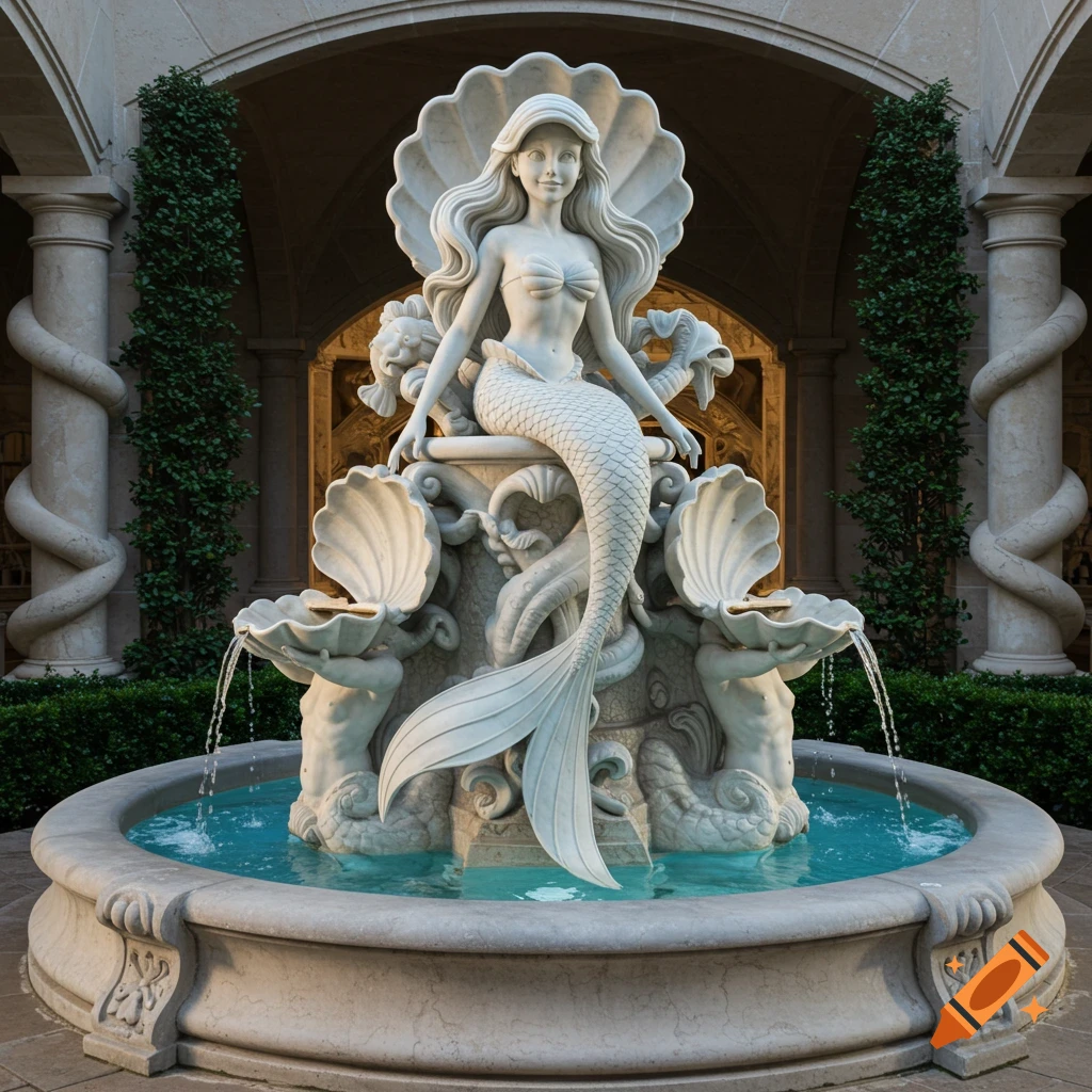 A detailed marble statue of a mermaid, similar to Ariel, sitting on a grand outdoor fountain in an ornate courtyard.