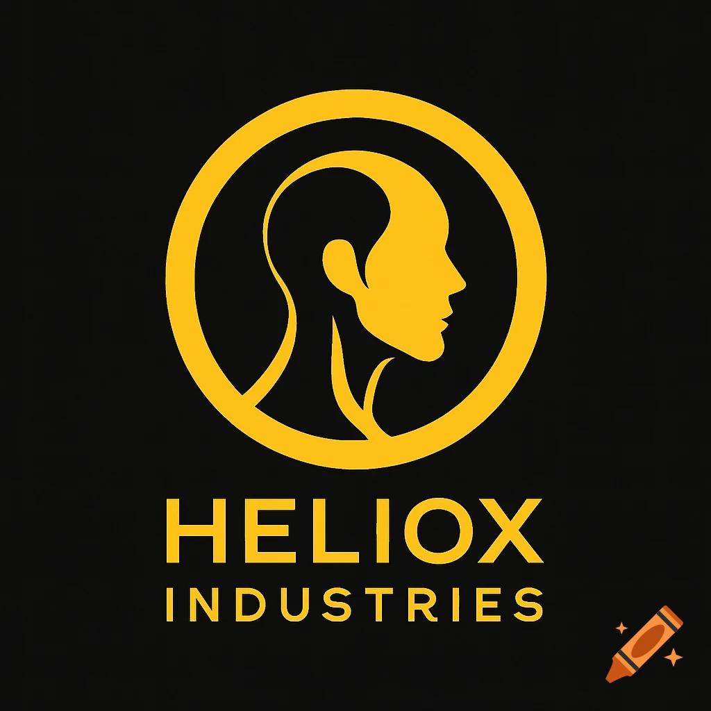 Minimalist yellow and black logo for Heliox Industries with a human silhouette inside a circle.
