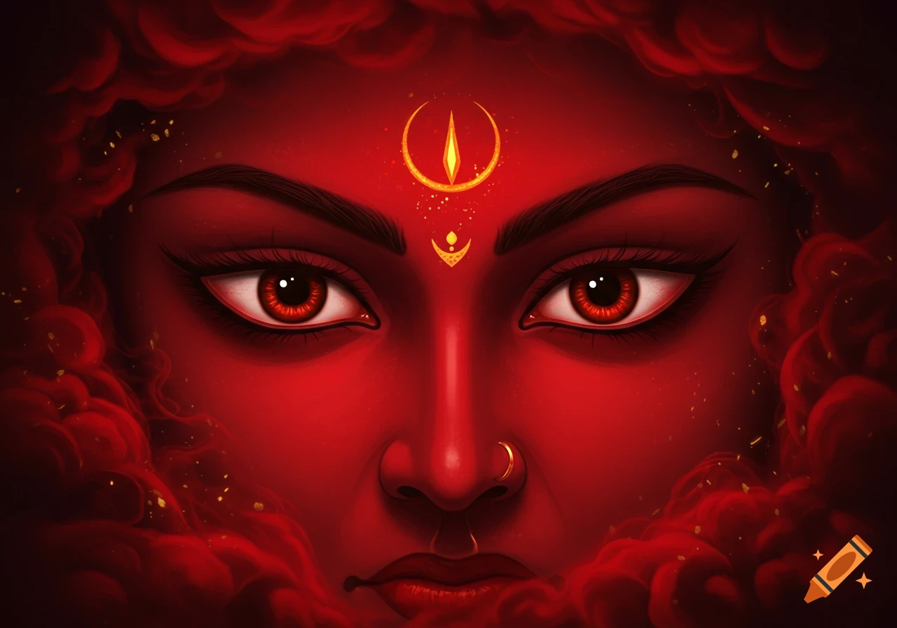 Close-up illustration of a stylized red-skinned face with vibrant red eyes and golden spiritual symbols on the forehead, surrounded by red smoke.