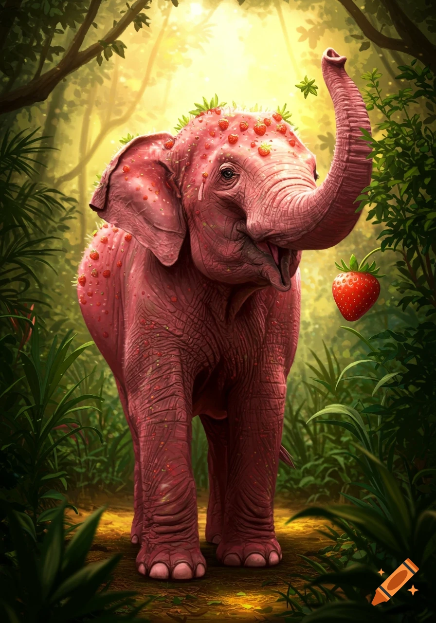 A large pink elephant with a skin texture like strawberries stands in a sunlit jungle, its trunk raised towards a floating strawberry.