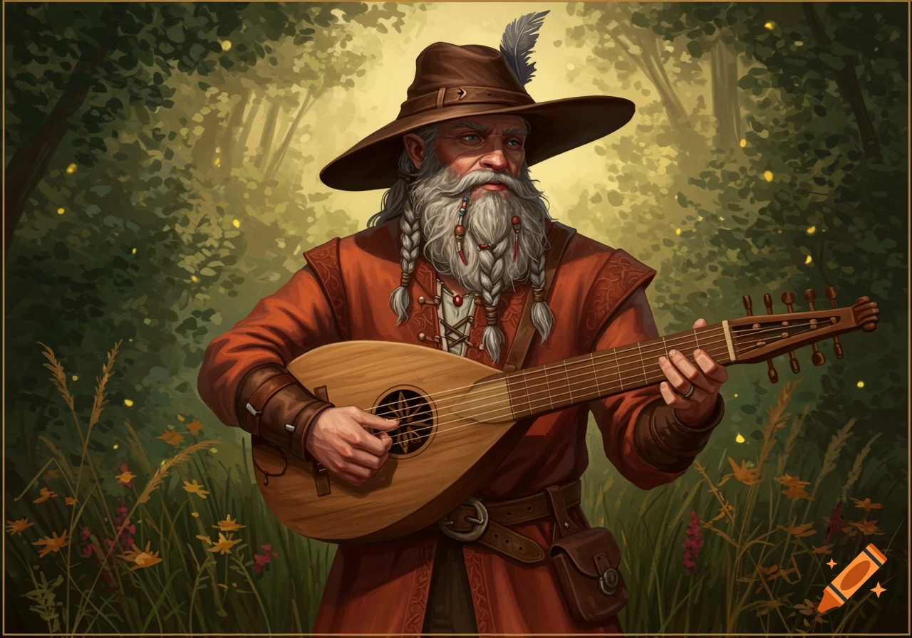 A bearded man in a brown hat and red tunic plays a lute in a sun-dappled forest, in a fantasy art style.