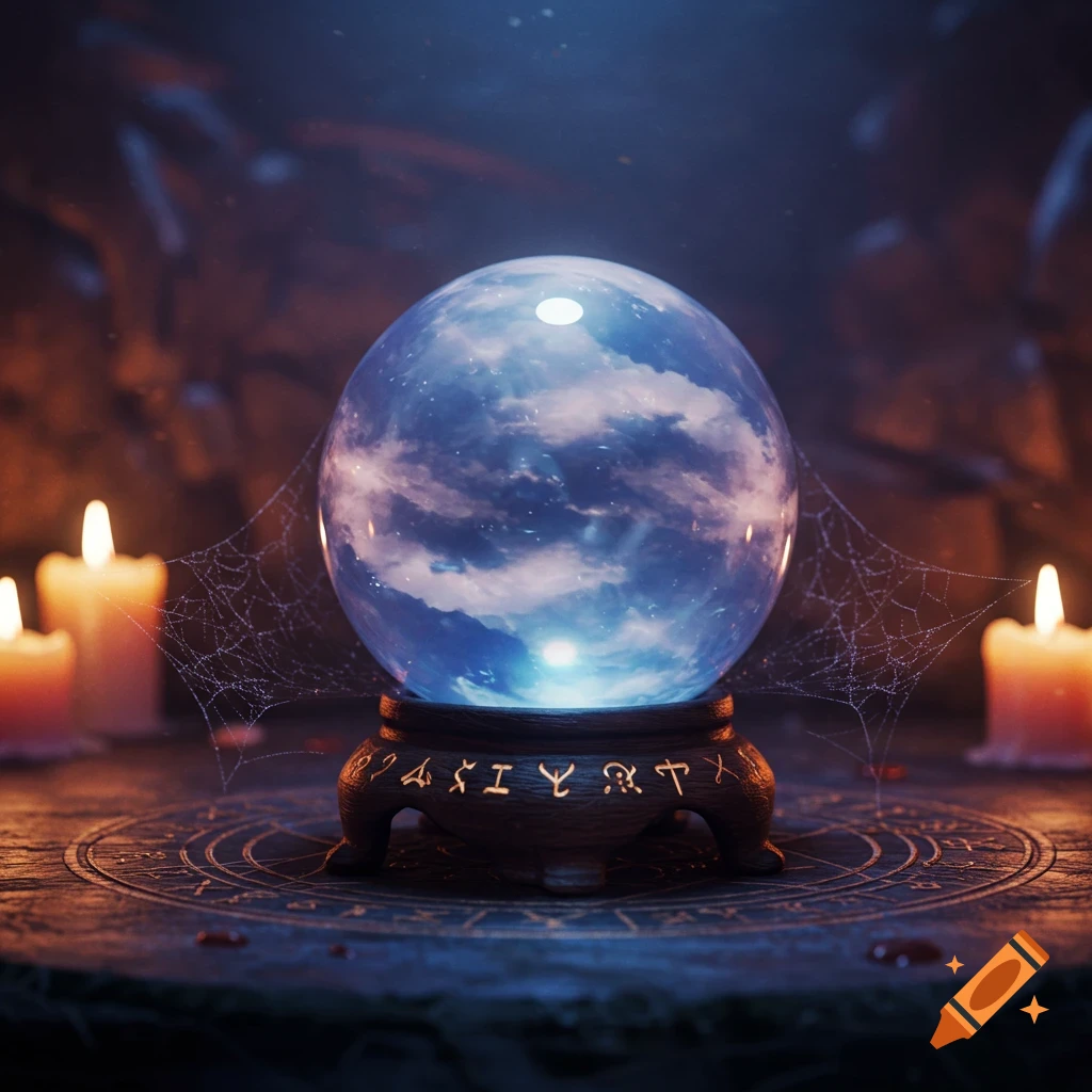 A glowing crystal ball reflecting clouds, surrounded by lit candles and spiderwebs on a dark, mystical surface.