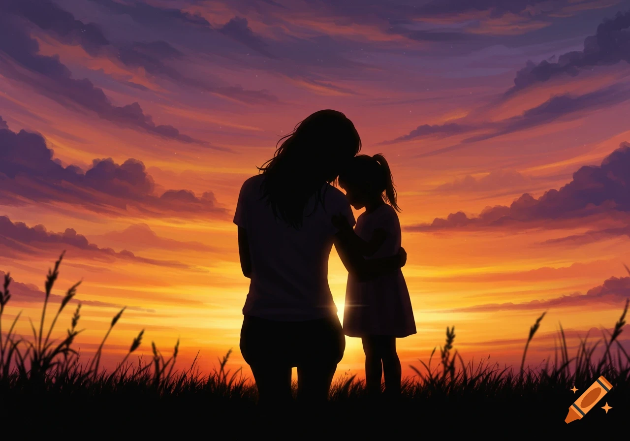 Silhouette of a mother holding her daughter's shoulder against a vibrant orange and purple sunset sky with grass in the foreground.