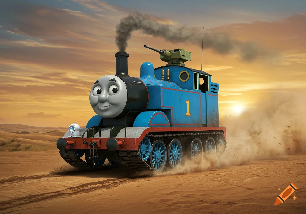 Thomas the Tank Engine, modified into a military tank with a turret, drives through a dusty desert at sunset.