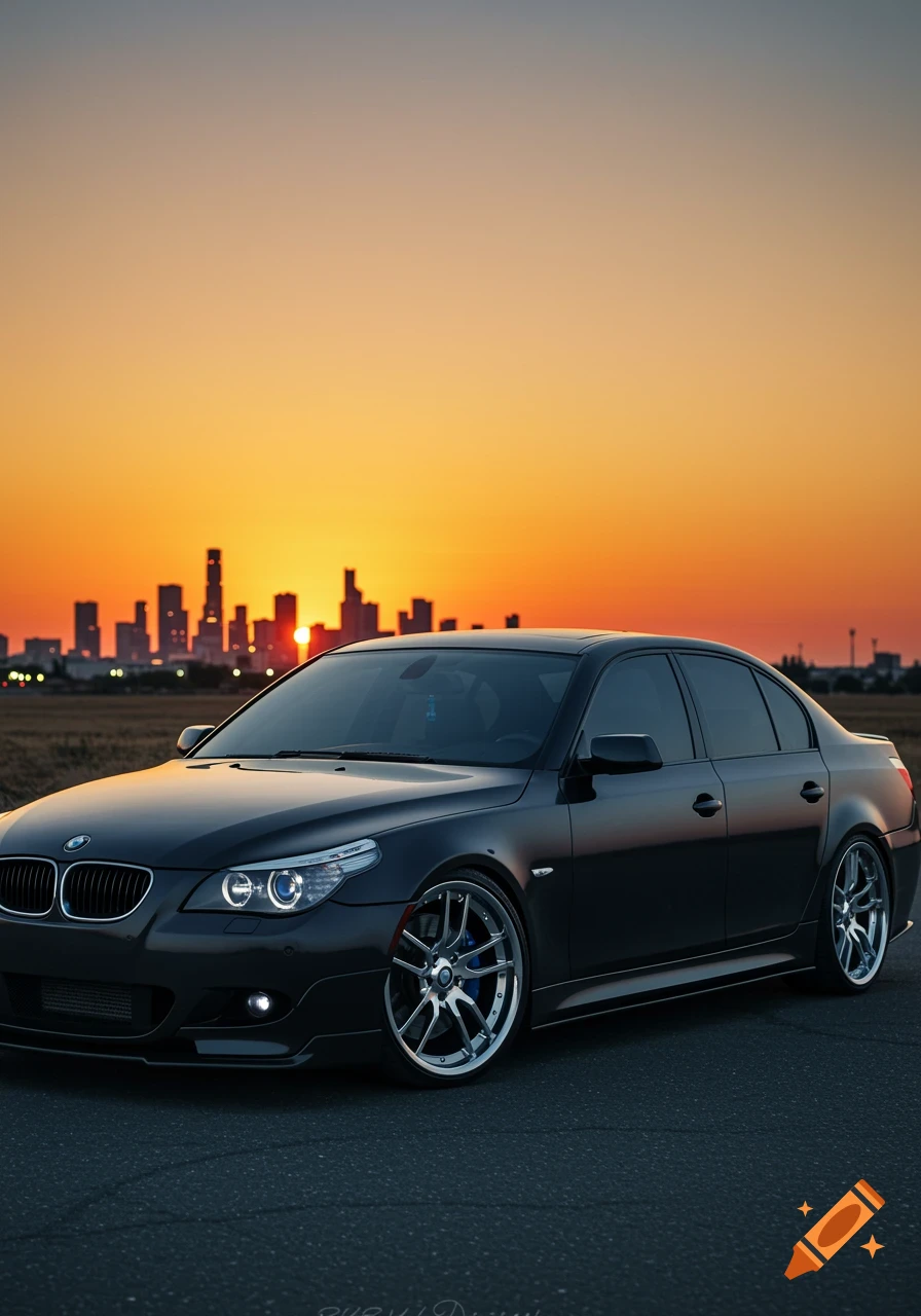A black BMW sedan parked on an asphalt road at sunset, with a silhouetted city skyline in the distance.