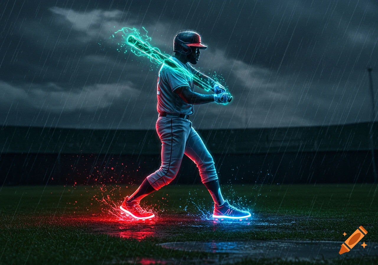 A baseball player in uniform with a glowing green bat and glowing red and blue shoes stands on a rainy field at night, water splashing.