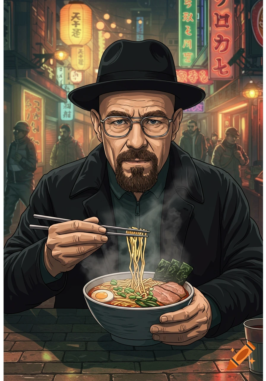 Stylized illustration of Heisenberg in a black hat and coat, eating steaming ramen noodles with chopsticks in a bustling Asian street at night.