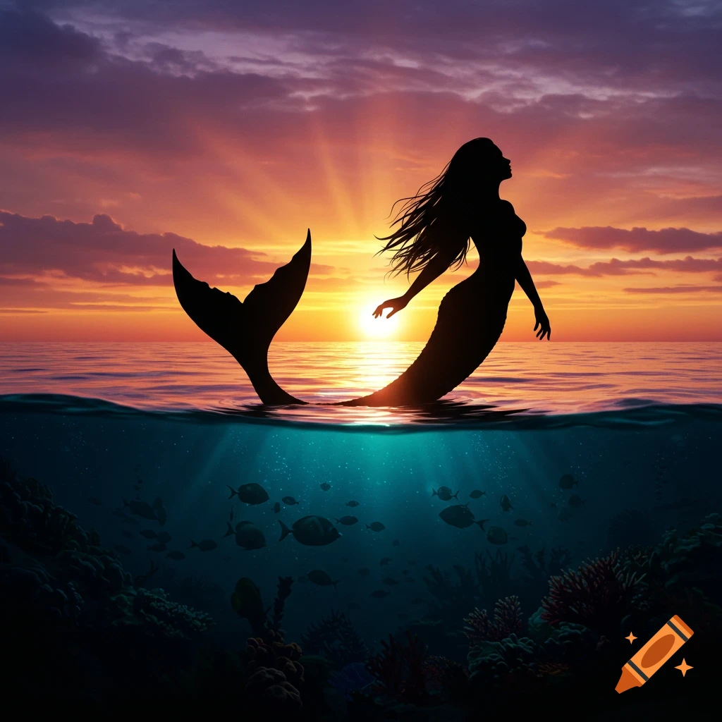 A mermaid silhouette emerges from the ocean at sunset with an underwater view showing fish and coral.