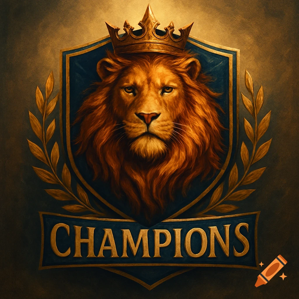 A majestic golden lion with a crown, set against a blue shield with a gold border, and the word "CHAMPIONS" below, all in a regal, painterly style.