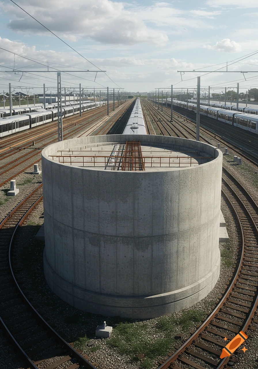 A large concrete tank stands amidst multiple train tracks with white trains parked in a stabling yard under a cloudy sky.