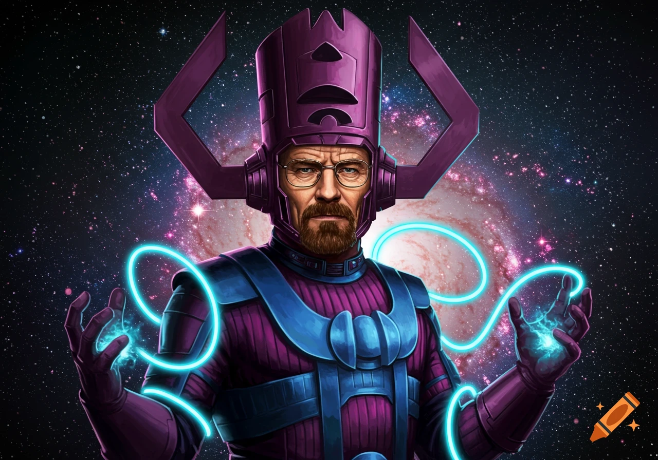 Walter White depicted as Galactus in a purple and blue suit, surrounded by glowing energy in space.